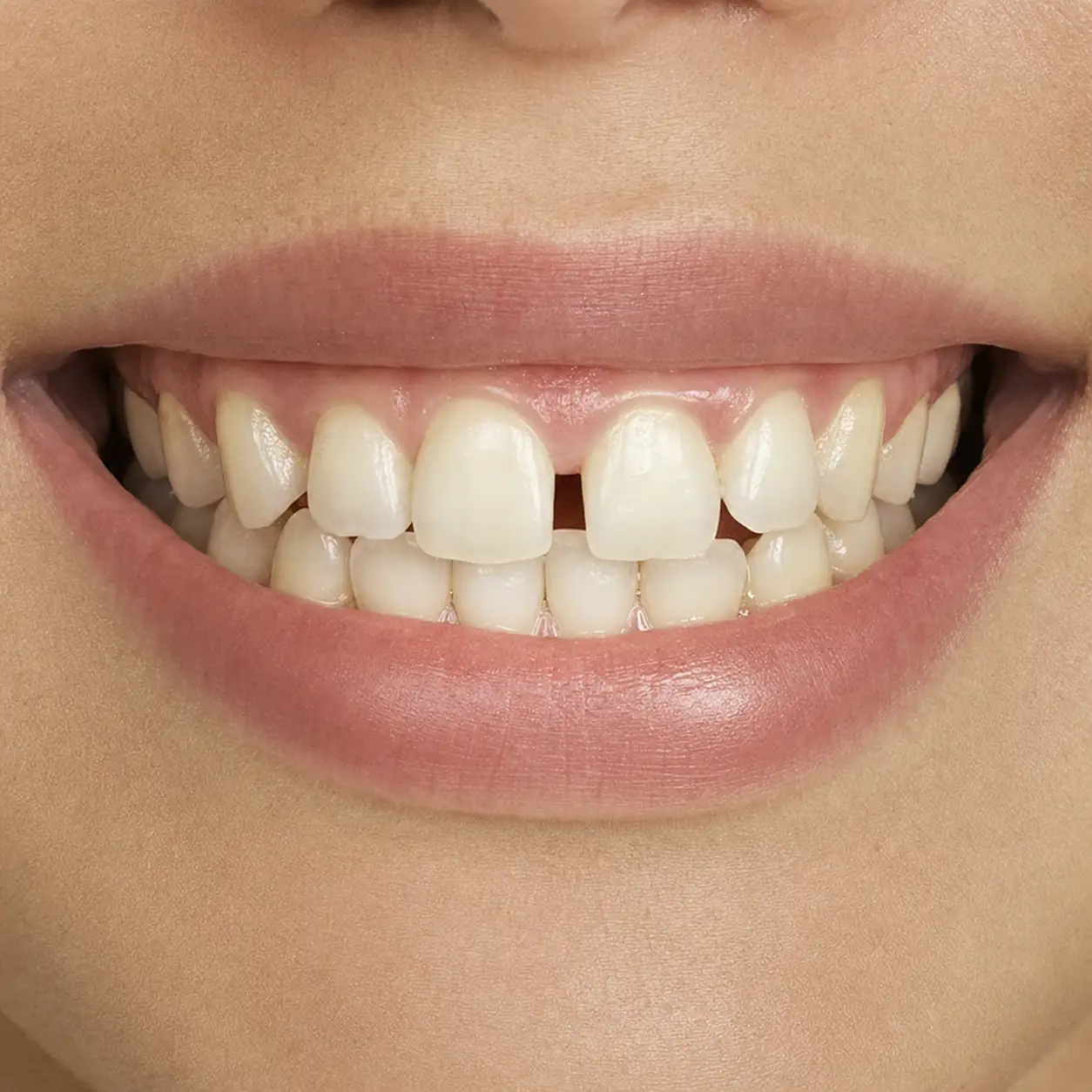 รอยยิ้มก่อนจัดฟันใสที่มีช่องว่างและฟันซ้อนเล็กน้อย