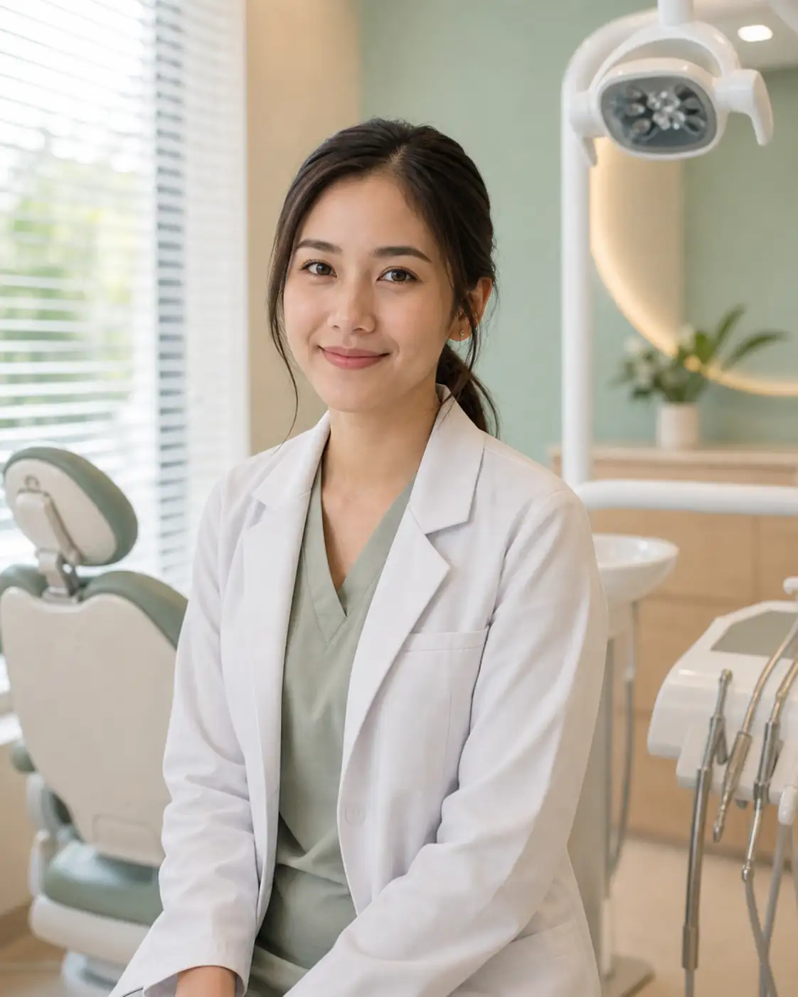 ทันตแพทย์หญิงไทยของยูสไมล์ยิ้มอย่างอบอุ่นในคลินิก